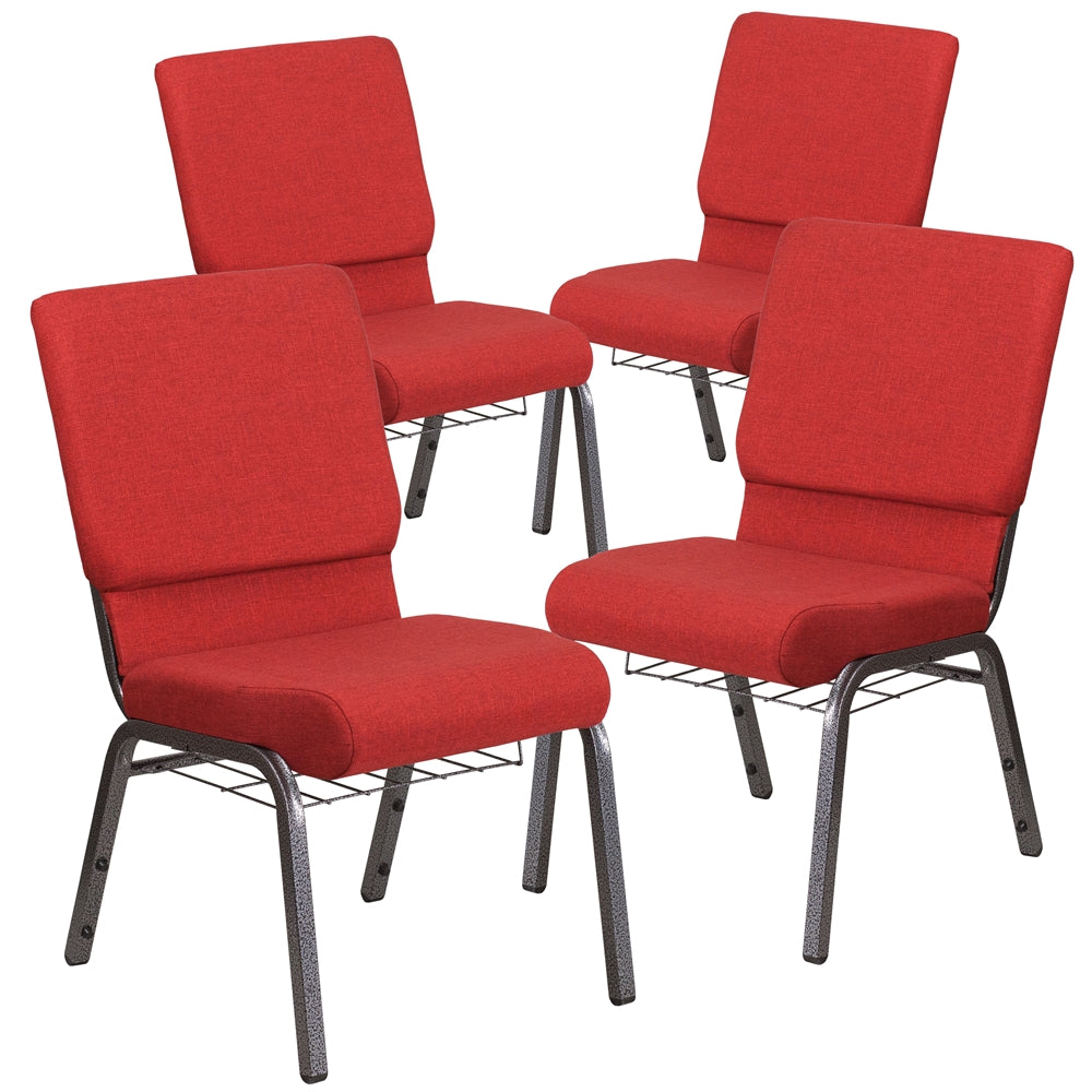 4 Pk. HERCULES Series 18.5''W Red Fabric Church Chair with 4.25'' Thick Seat, Cup Book Rack - Silver Vein Frame