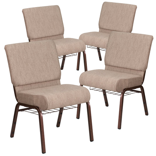 4 Pk. HERCULES Series 21'' Wide Beige Fabric Church Chair with 4'' Thick Seat, Book Rack - Copper Vein Frame