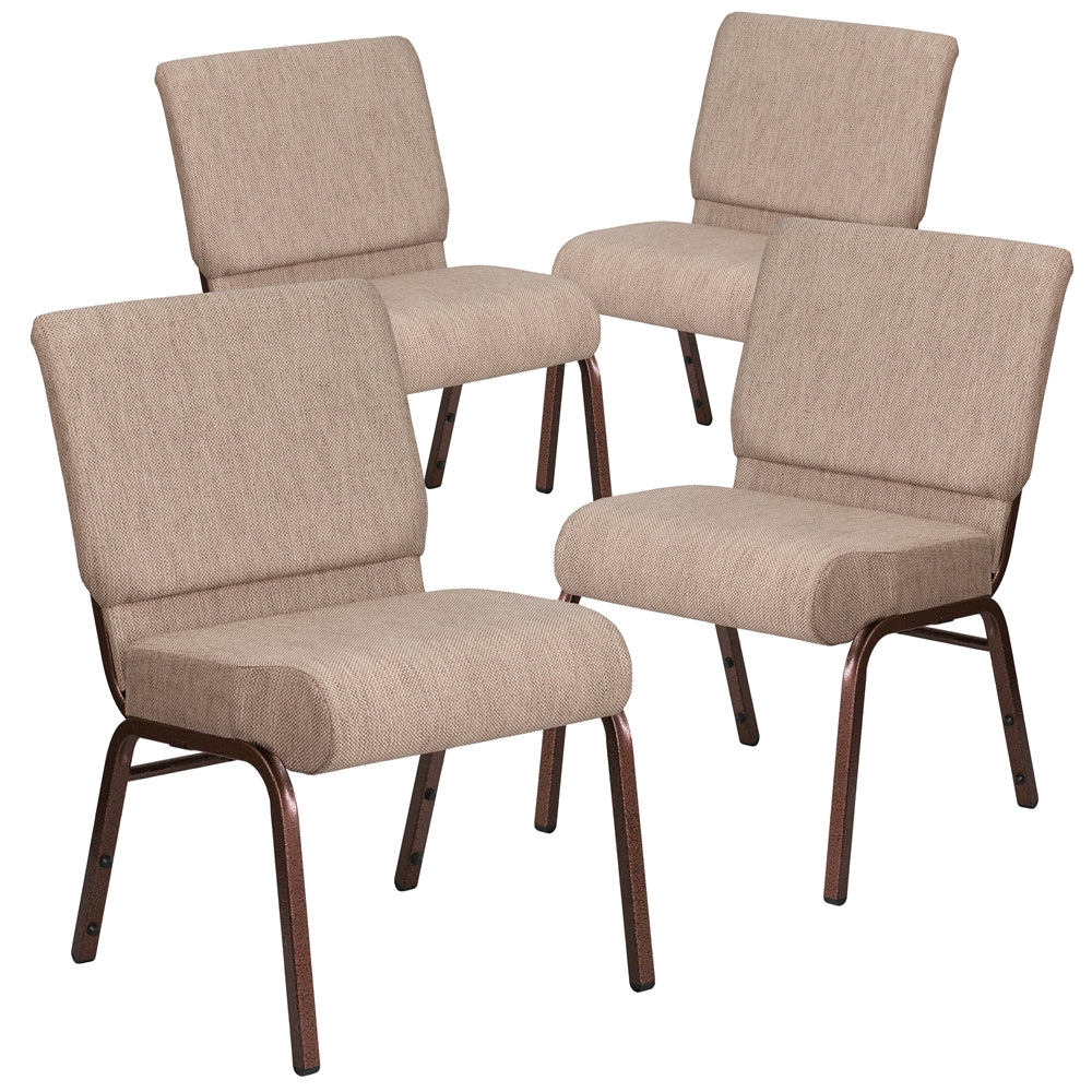 4 Pk. HERCULES Series 21'' Extra Wide Beige Fabric Stacking Church Chair with 4'' Thick Seat - Copper Vein Frame