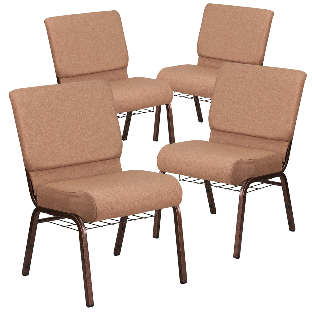 4 Pk. HERCULES Series 21'' Wide Brown Fabric Church Chair with 4'' Thick Seat, Cup Book Rack - Copper Vein Frame