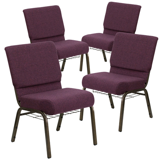 4 Pk. HERCULES Series 21'' Extra Wide Plum Fabric Church Chair with 4'' Thick Seat, Communion Cup Book Rack - Gold Vein Frame