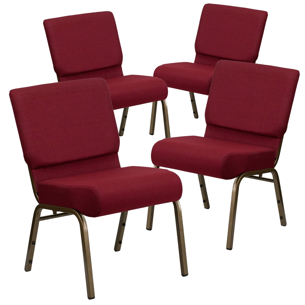 4 Pk. HERCULES Series 21'' Extra Wide Burgundy Fabric Stacking Church Chair with 4'' Thick Seat - Gold Vein Frame