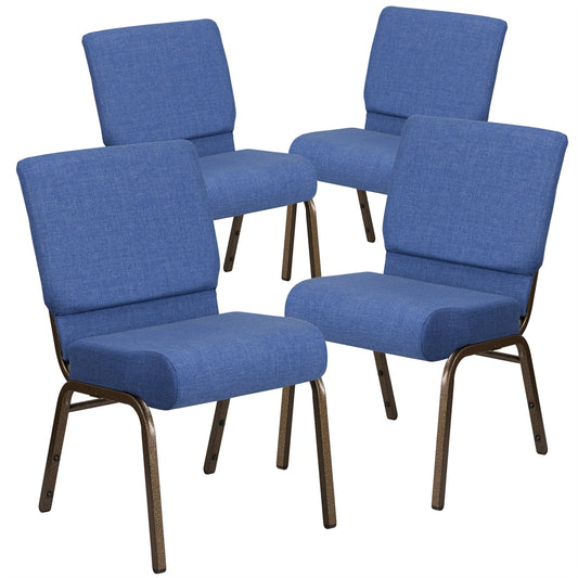 4 Pk. HERCULES Series 21'' Extra Wide Blue Fabric Stacking Church Chair with 4'' Thick Seat - Gold Vein Frame