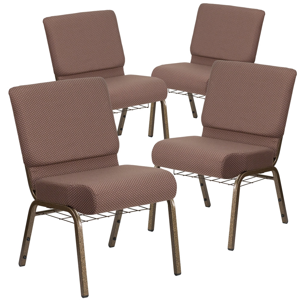 4 Pk. HERCULES Series 21'' Wide Brown Dot Fabric Church Chair with 4'' Thick Seat, Book Rack - Gold Vein Frame