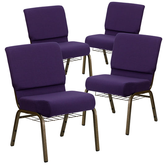 4 Pk. HERCULES Series 21'' Extra Wide Royal Purple Fabric Church Chair with 4'' Thick Seat, Communion Cup Book Rack - Gold Vein Frame