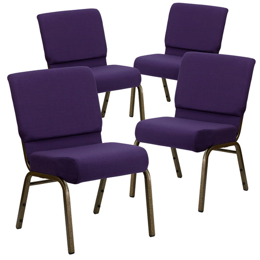 4 Pk. HERCULES Series 21'' Extra Wide Royal Purple Fabric Stacking Church Chair with 4'' Thick Seat - Gold Vein Frame