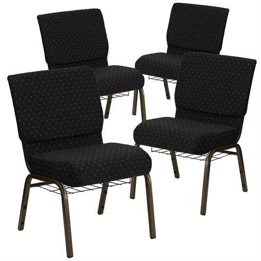 4 Pk. HERCULES Series 21'' Extra Wide Black Dot Patterned Fabric Church Chair with 4'' Thick Seat, Communion Cup Book Rack - Gold Vein Frame