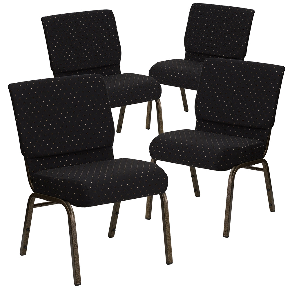 4 Pk. HERCULES Series 21'' Extra Wide Black Dot Patterned Fabric Stacking Church Chair with 4'' Thick Seat - Gold Vein Frame