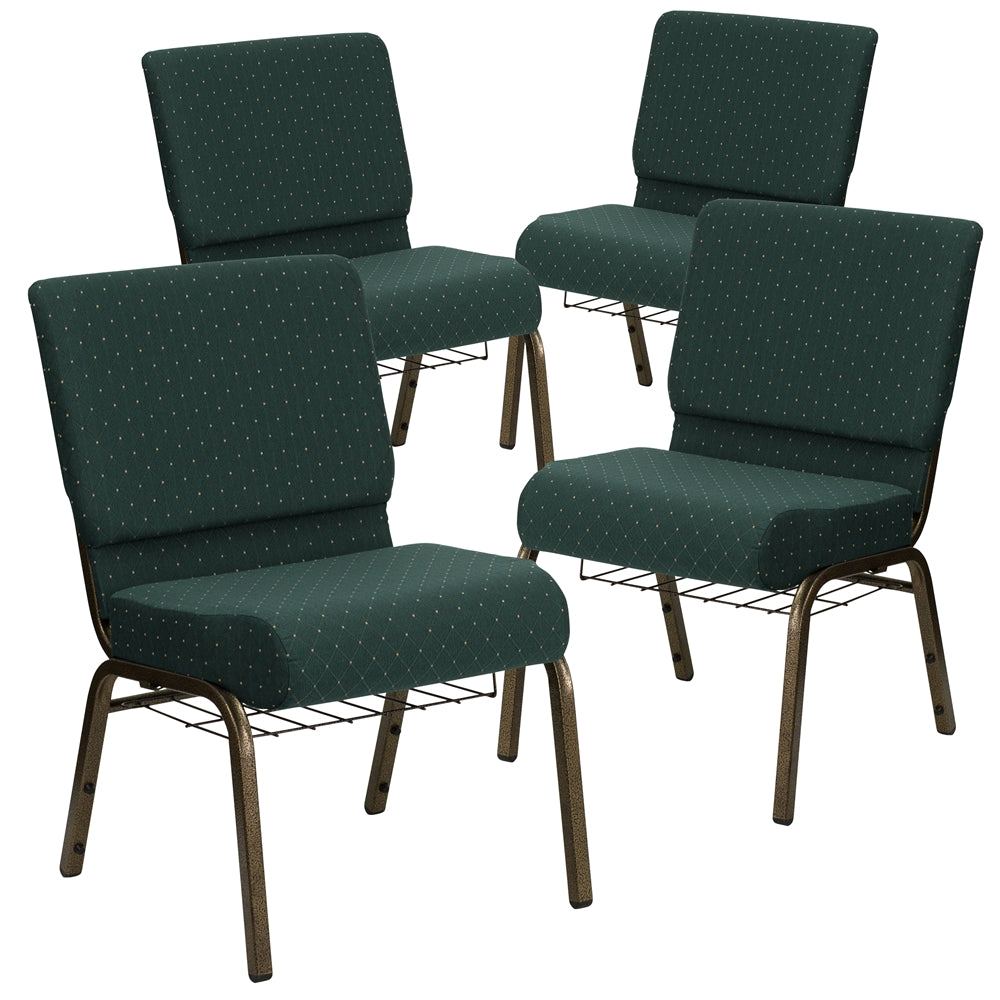 4 Pk. HERCULES Series 21'' Extra Wide Hunter Green Dot Patterned Fabric Church Chair with 4'' Thick Seat, Communion Cup Book Rack - Gold Vein Frame