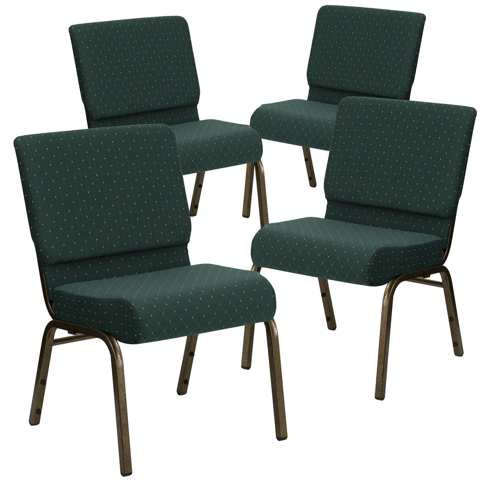 4 Pk. HERCULES Series 21'' Extra Wide Hunter Green Dot Patterned Fabric Stacking Church Chair with 4'' Thick Seat - Gold Vein Frame