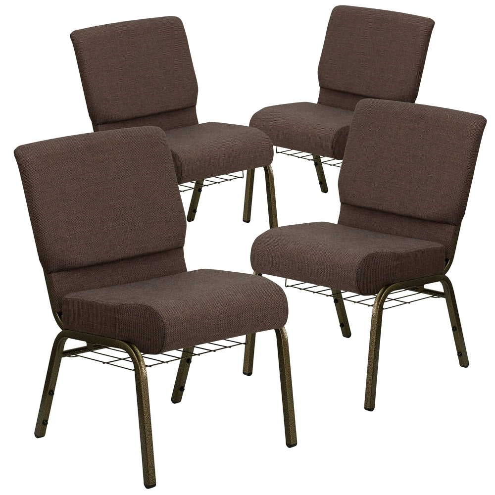 4 Pk. HERCULES Series 21'' Extra Wide Brown Fabric Church Chair with 4'' Thick Seat, Communion Cup Book Rack - Gold Vein Frame