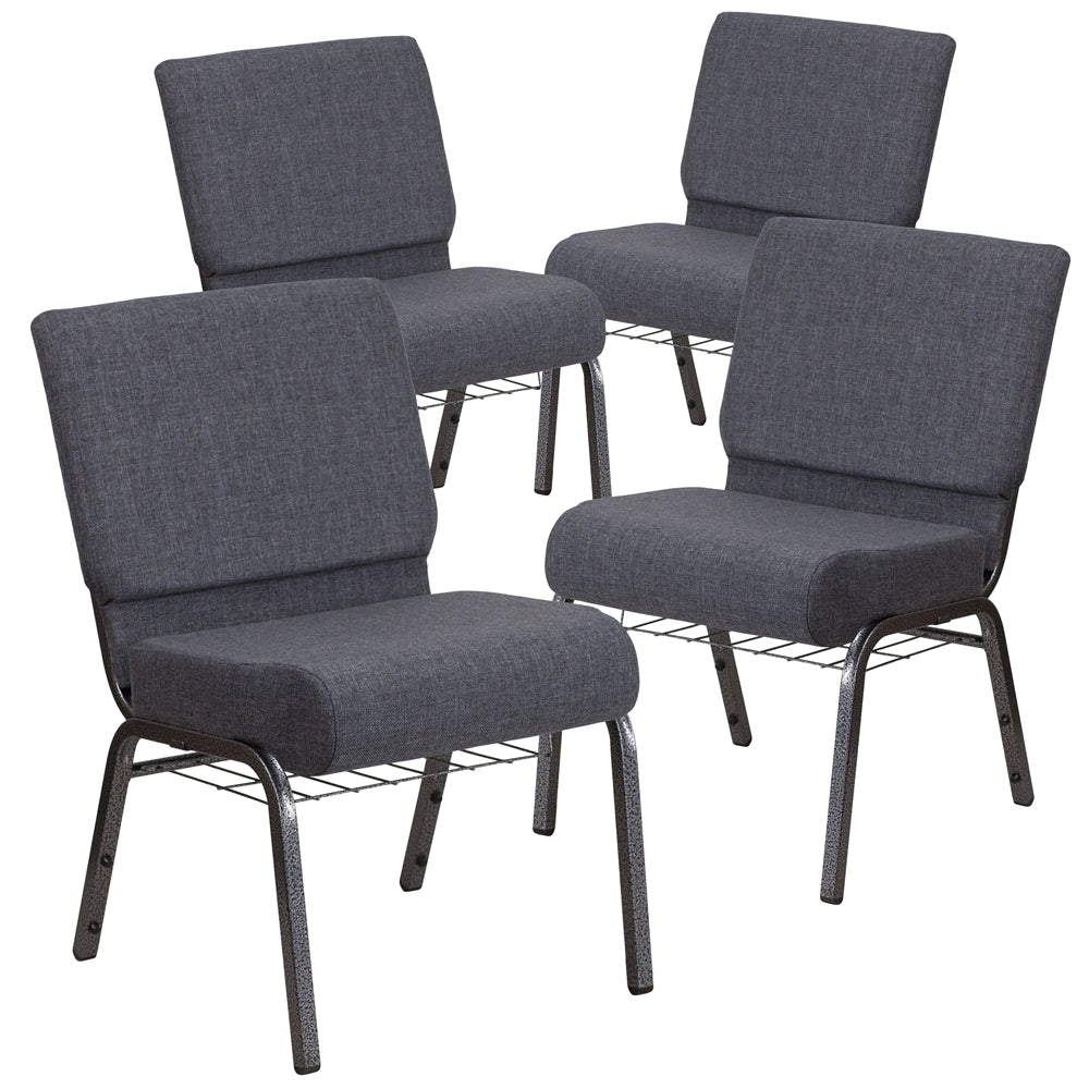 4 Pk. HERCULES Series 21'' Wide Dark Gray Fabric Church Chair with 4'' Thick Seat, Book Rack - Silver Vein Frame