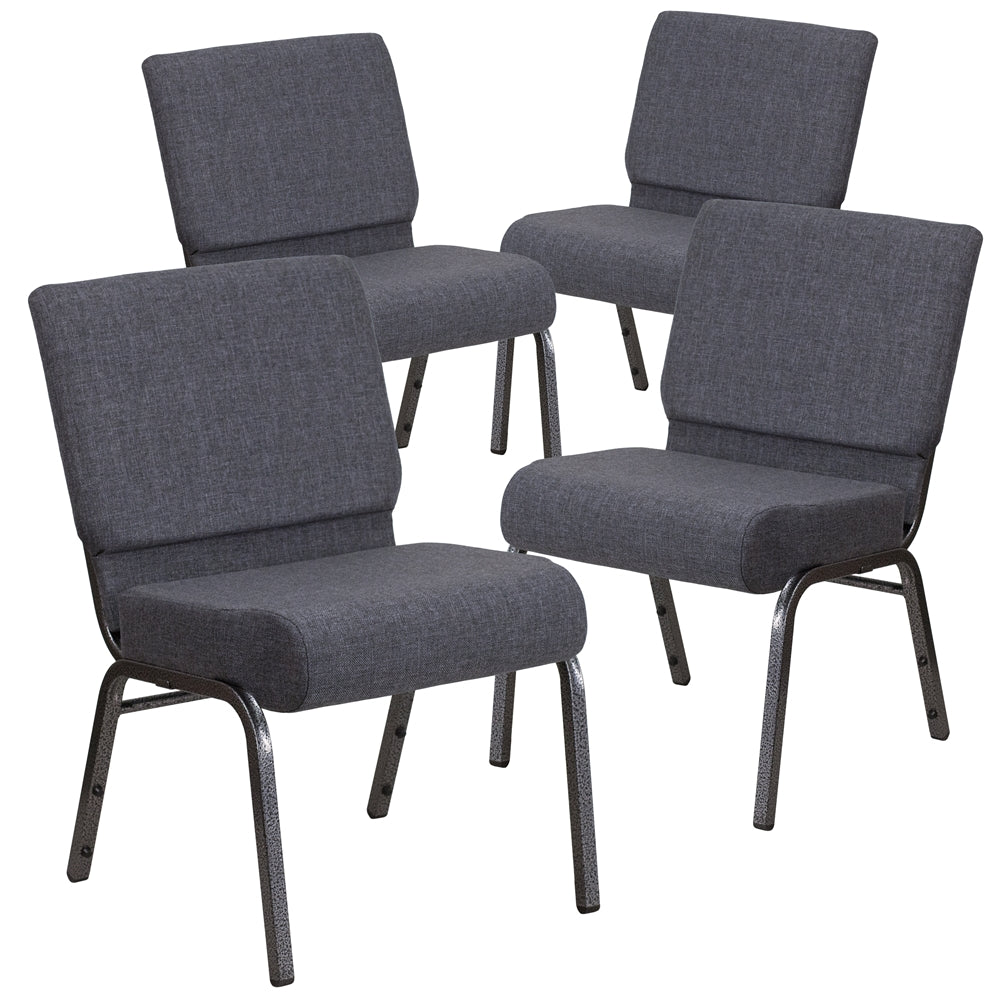 4 Pk. HERCULES Series 21'' Wide Dark Gray Fabric Stacking Church Chair with 4'' Thick Seat - Silver Vein Frame