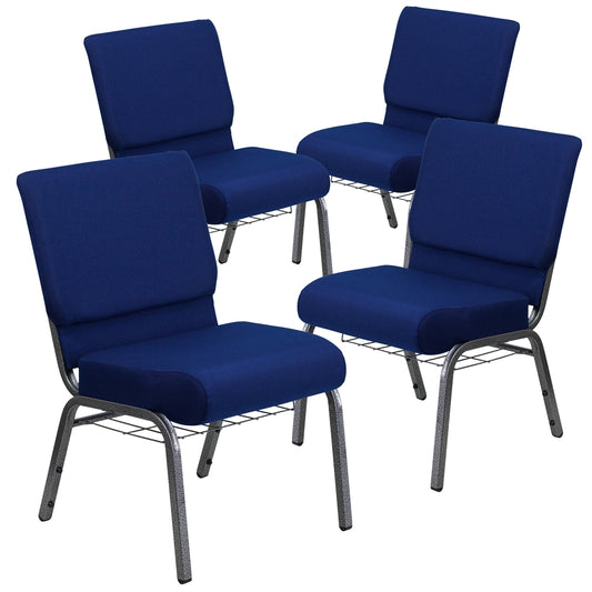 4 Pk. HERCULES Series 21'' Extra Wide Navy Blue Fabric Church Chair with 4'' Thick Seat, Communion Cup Book Rack - Silver Vein Frame