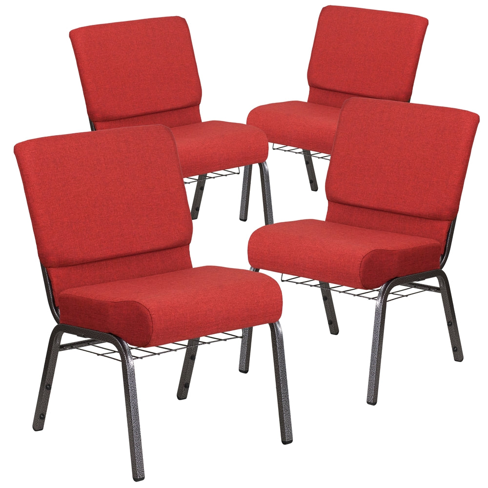 4 Pk. HERCULES Series 21'' Wide Crimson Fabric Church Chair with 4'' Thick Seat, Cup Book Rack - Silver Vein Frame