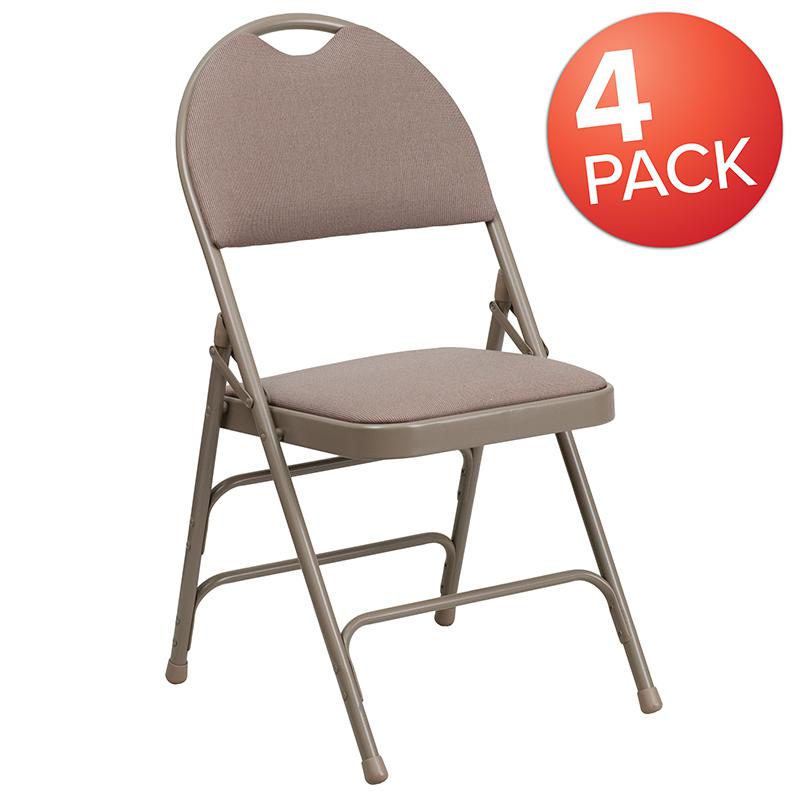 4 Pk. HERCULES Series Ultra-Premium Triple Braced Beige Fabric Metal Folding Chair with Easy-Carry Handle