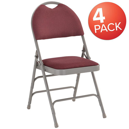 4 Pk. HERCULES Series Ultra-Premium Triple Braced Burgundy Fabric Metal Folding Chair with Easy-Carry Handle