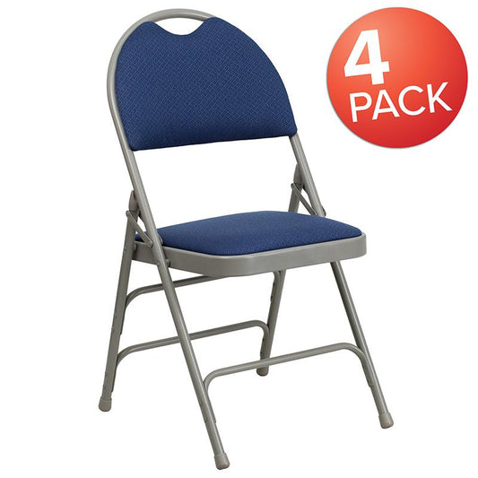 4 Pk. HERCULES Series Ultra-Premium Triple Braced Navy Fabric Metal Folding Chair with Easy-Carry Handle