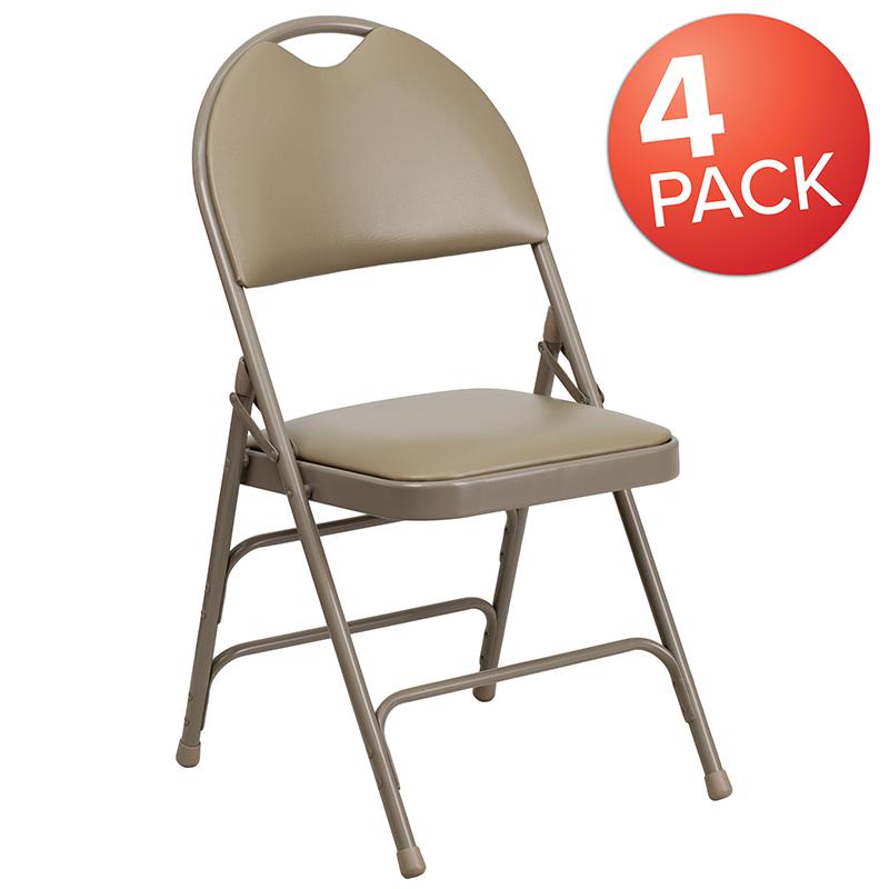 4 Pk. HERCULES Series Ultra-Premium Triple Braced Beige Vinyl Metal Folding Chair with Easy-Carry Handle