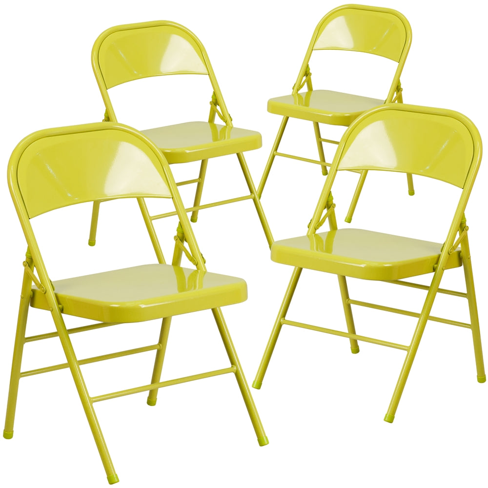 4 Pk. HERCULES COLORBURST Series Twisted Citron Triple Braced & Double Hinged Metal Folding Chair