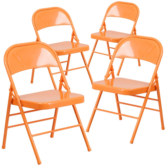 4 Pk. HERCULES COLORBURST Series Orange Marmalade Triple Braced & Double Hinged Metal Folding Chair