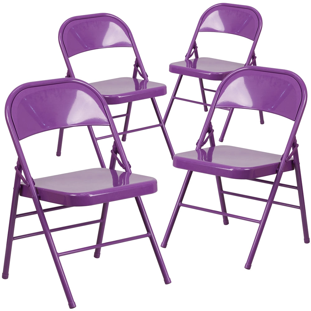 4 Pk. HERCULES COLORBURST Series Impulsive Purple Triple Braced & Double Hinged Metal Folding Chair