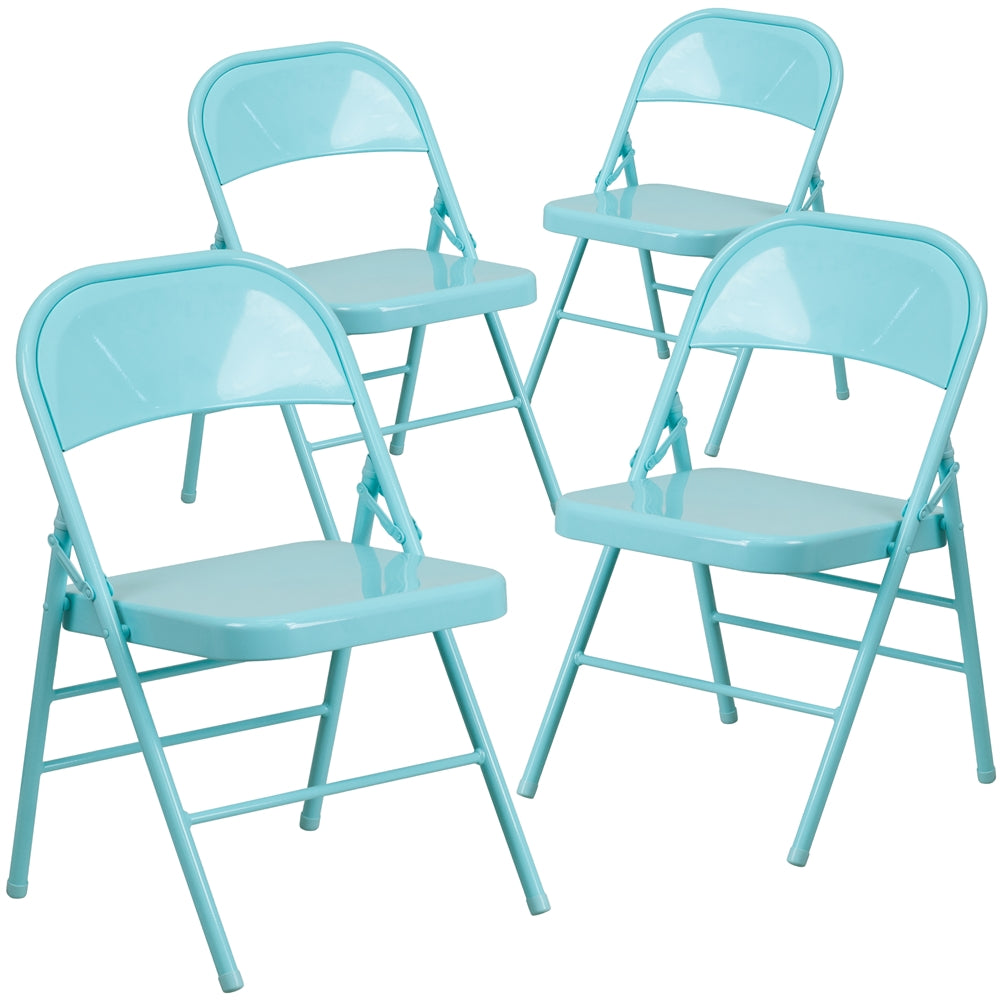 4 Pk. HERCULES COLORBURST Series Tantalizing Teal Triple Braced & Double Hinged Metal Folding Chair