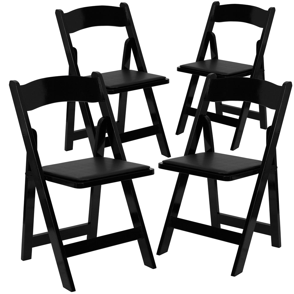 4 Pk. HERCULES Series Black Wood Folding Chair with Vinyl Padded Seat