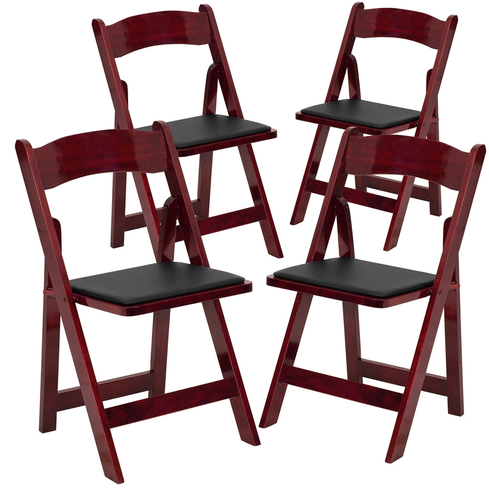 4 Pk. HERCULES Series Mahogany Wood Folding Chair with Vinyl Padded Seat