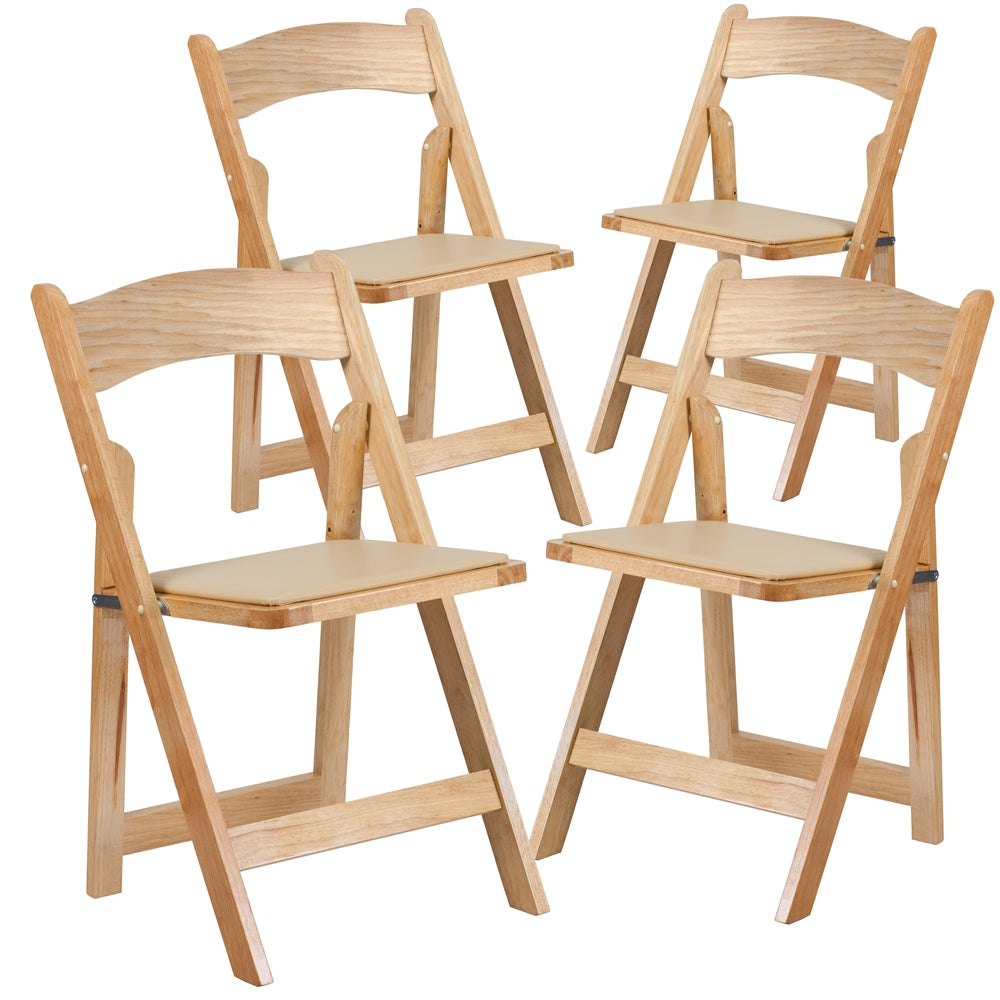 4 Pk. HERCULES Series Natural Wood Folding Chair with Vinyl Padded Seat