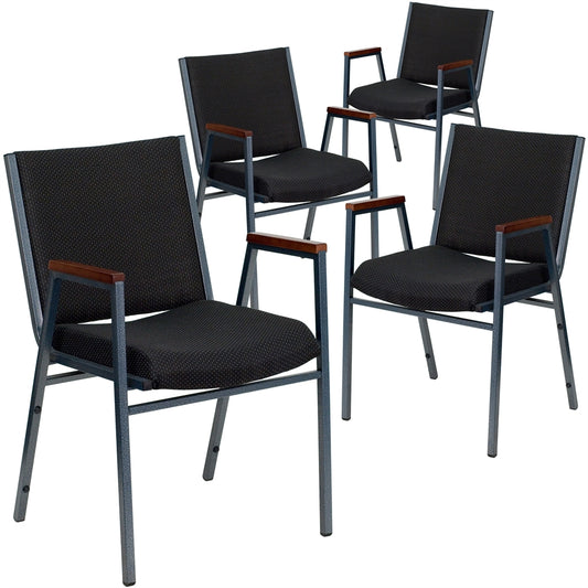 4 Pk. HERCULES Series Heavy Duty, 3'' Thickly Padded, Black Patterned Upholstered Stack Chair with Arms