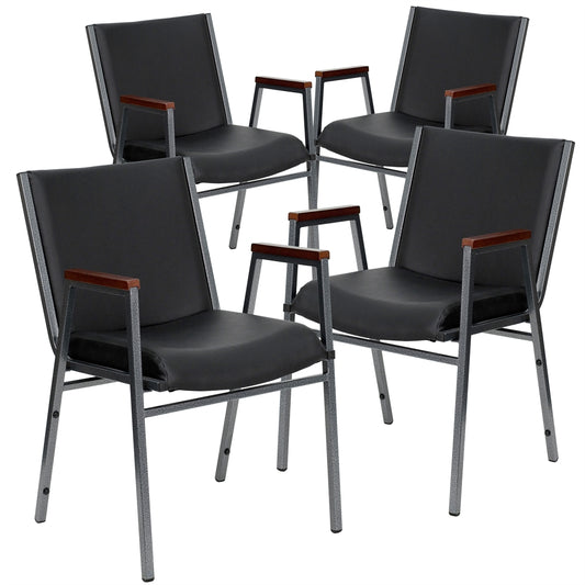 4 Pk. HERCULES Series Heavy Duty, 3'' Thickly Padded, Black Vinyl Upholstered Stack Chair with Arms