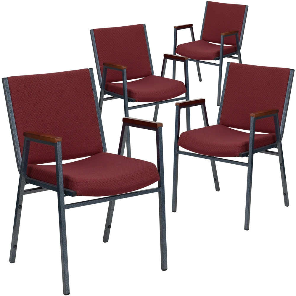 4 Pk. HERCULES Series Heavy Duty, 3'' Thickly Padded, Burgundy Patterned Upholstered Stack Chair with Arms