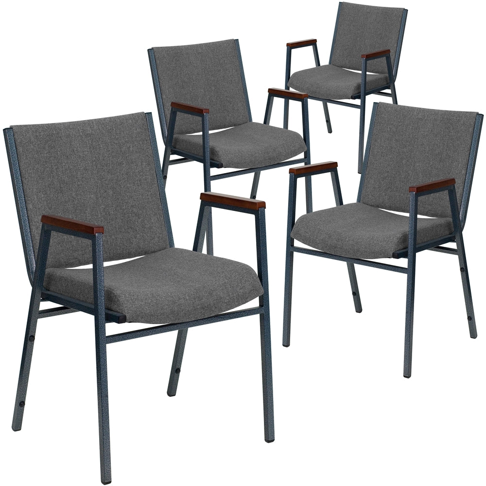 4 Pk. HERCULES Series Heavy Duty, 3'' Thickly Padded, Gray Upholstered Stack Chair with Arms