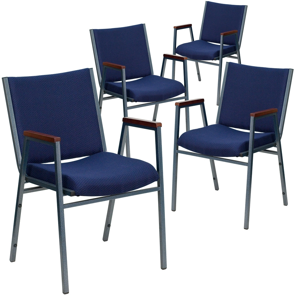 4 Pk. HERCULES Series Heavy Duty, 3'' Thickly Padded, Navy Patterned Upholstered Stack Chair with Arms