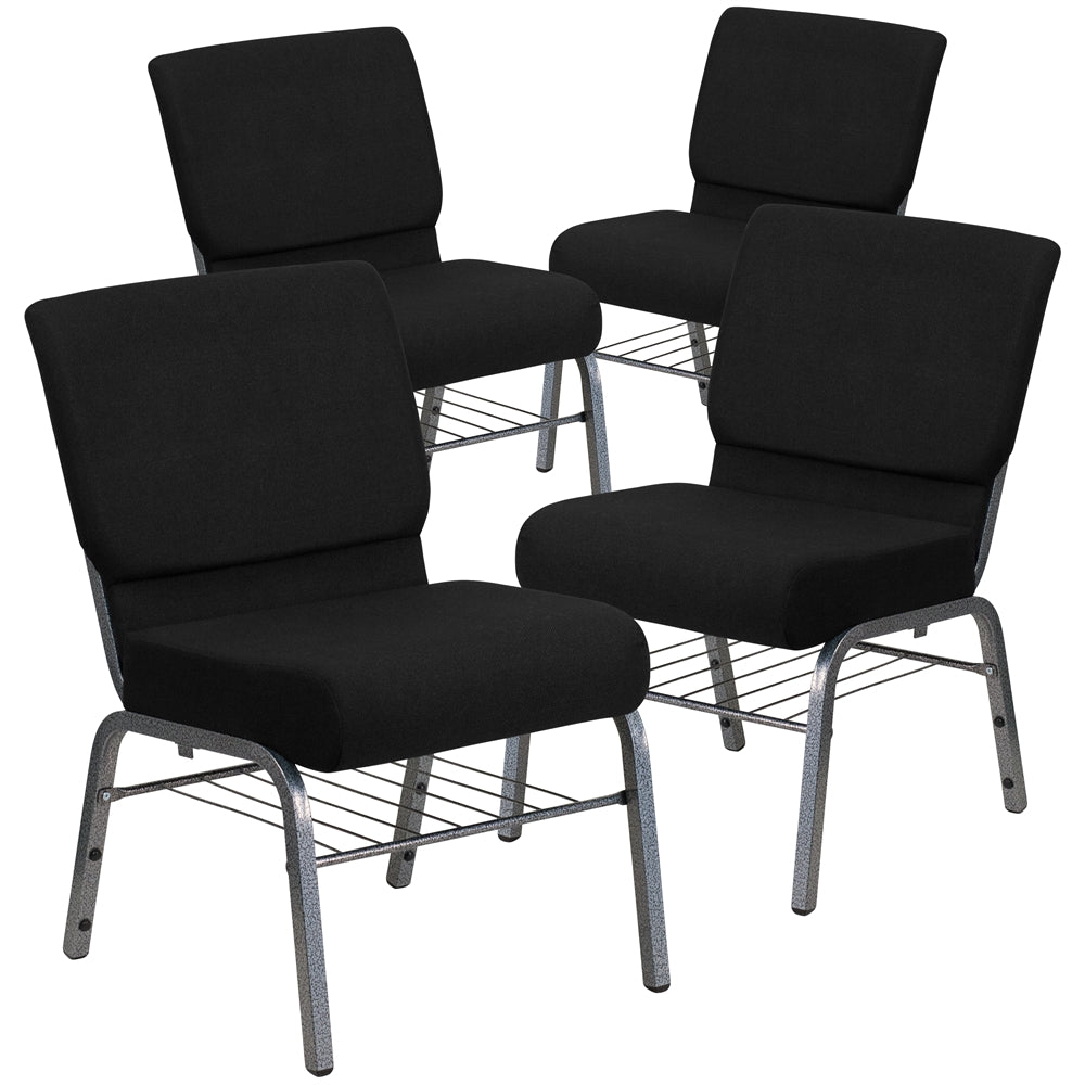 4 Pk. HERCULES Series 21'' Extra Wide Black Fabric Church Chair with 3.75'' Thick Seat, Book Rack - Silver Vein Frame