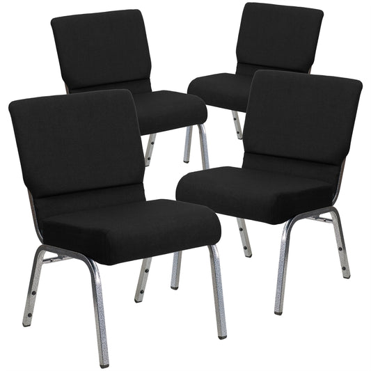 4 Pk. HERCULES Series 21'' Extra Wide Black Fabric Stacking Church Chair with 3.75'' Thick Seat - Silver Vein Frame