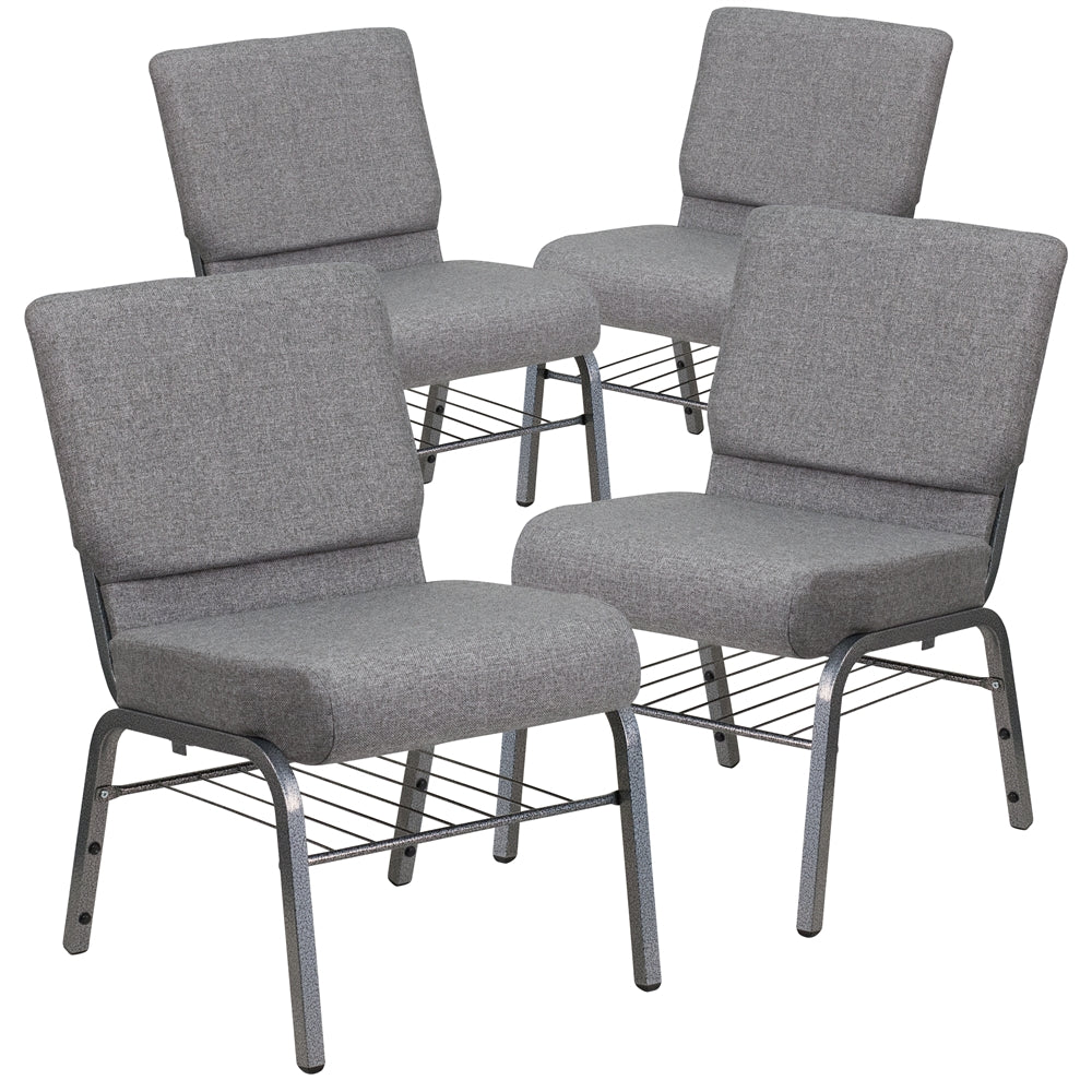 4 Pk. HERCULES Series 21'' Extra Wide Gray Fabric Church Chair with 3.75'' Thick Seat, Book Rack - Silver Vein Frame