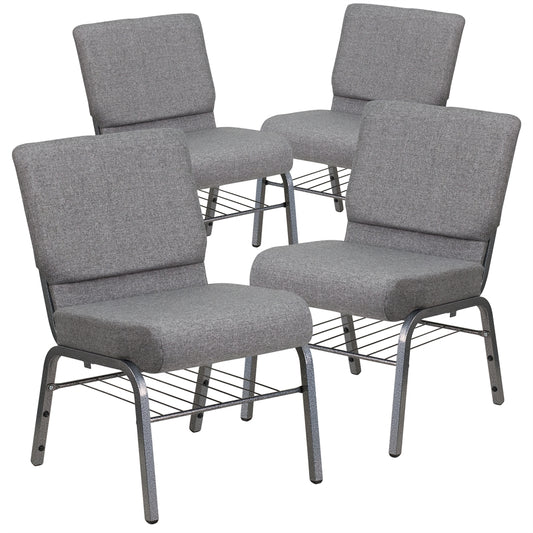 4 Pk. HERCULES Series 21'' Extra Wide Gray Fabric Church Chair with 3.75'' Thick Seat, Book Rack - Silver Vein Frame