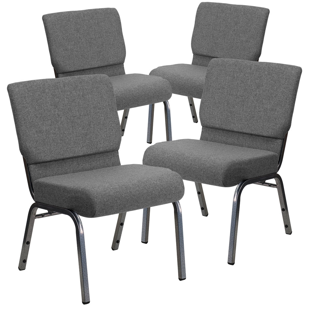 4 Pk. HERCULES Series 21'' Extra Wide Gray Fabric Stacking Church Chair with 3.75'' Thick Seat - Silver Vein Frame