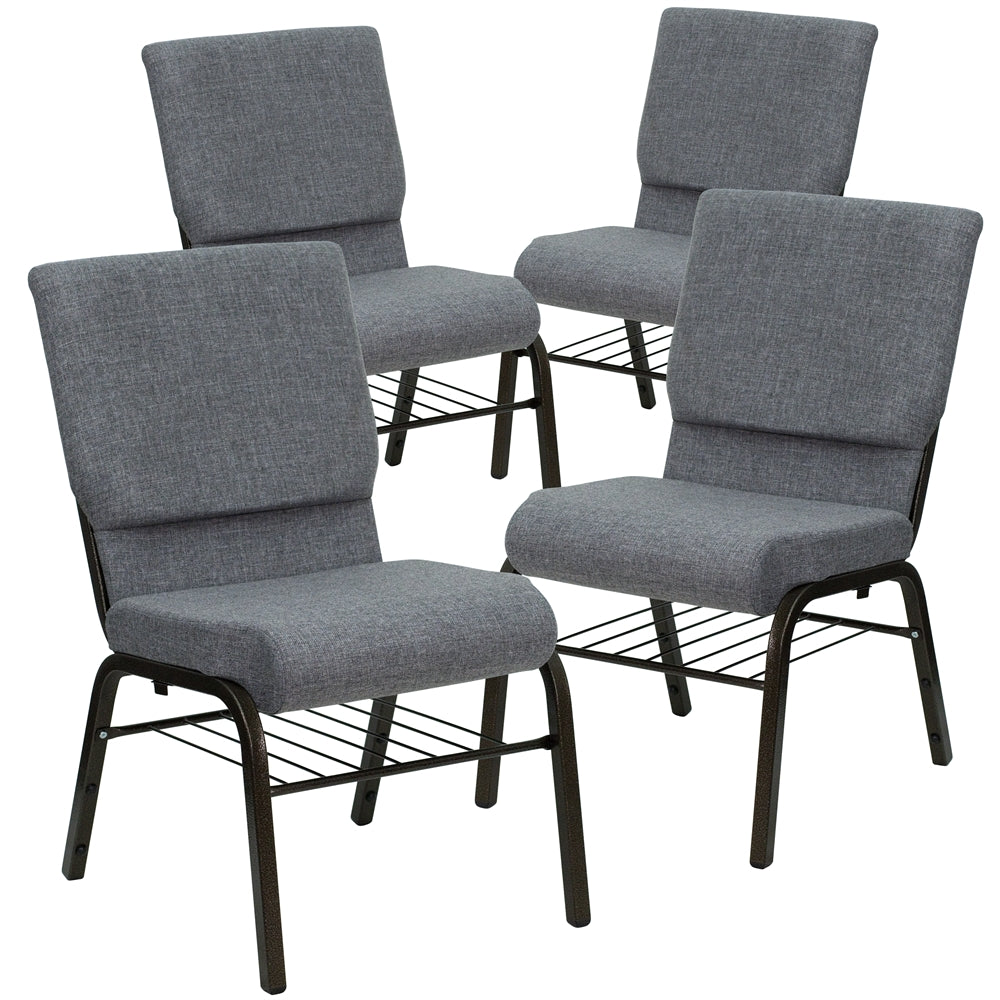 4 Pk. HERCULES Series 18.5''W Gray Fabric Church Chair with 4.25'' Thick Seat, Book Rack - Gold Vein Frame