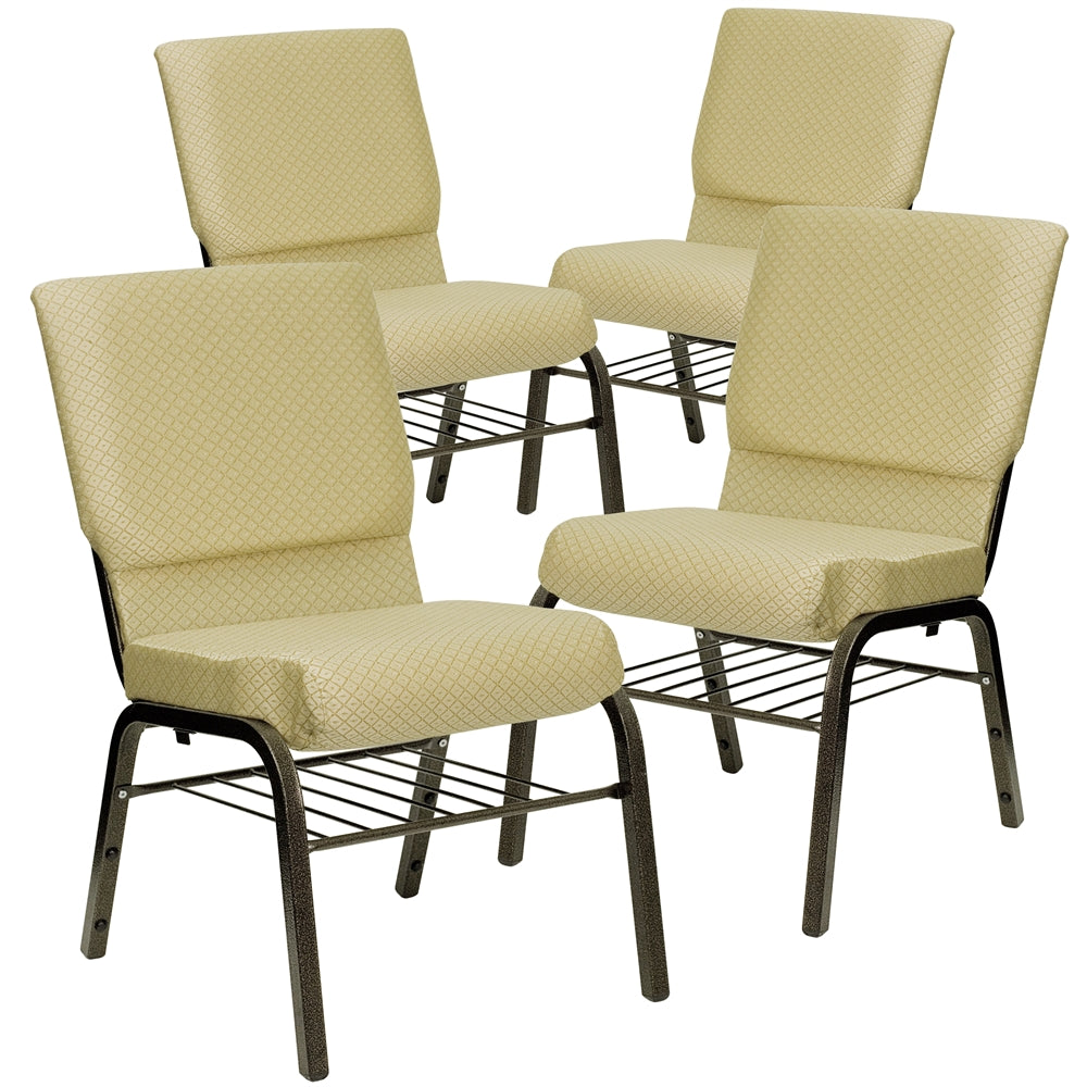 4 Pk. HERCULES Series 18.5''W Beige Patterned Fabric Church Chair with 4.25'' Thick Seat, Book Rack - Gold Vein Frame