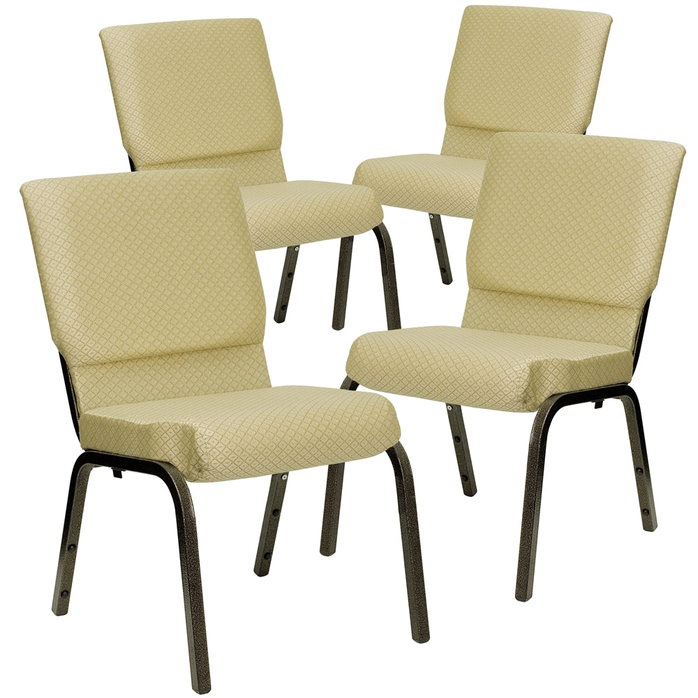 4 Pk. HERCULES Series 18.5''W Beige Patterned Fabric Stacking Church Chair with 4.25'' Thick Seat - Gold Vein Frame