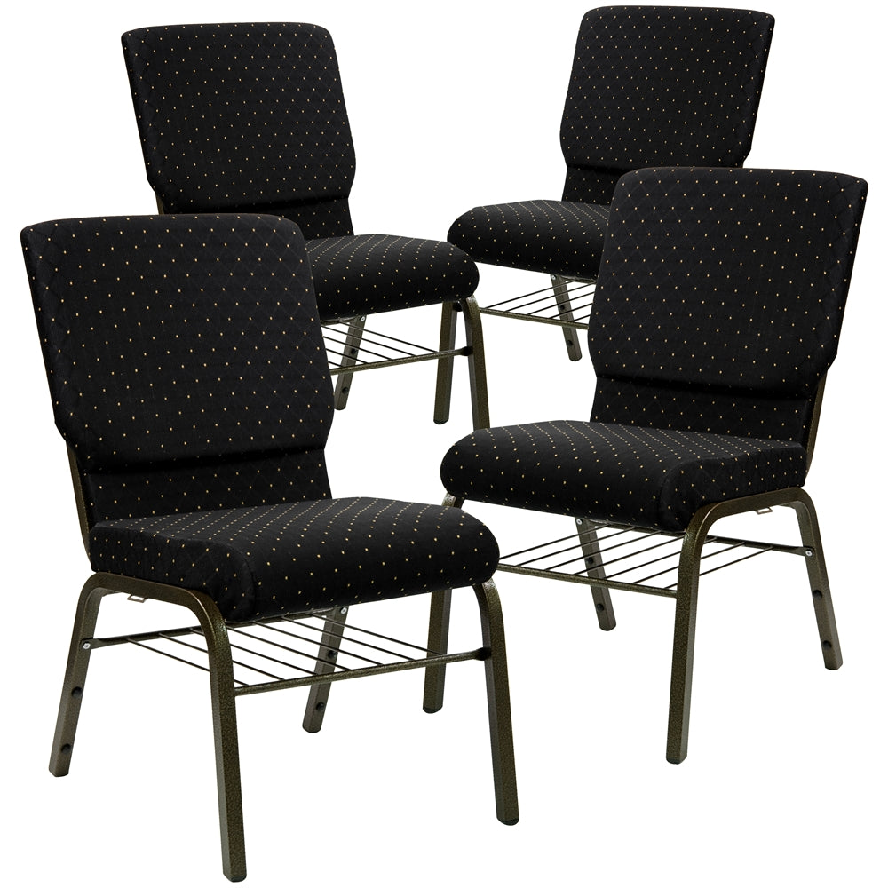 4 Pk. HERCULES Series 18.5''W Black Dot Patterned Fabric Church Chair with 4.25'' Thick Seat, Book Rack - Gold Vein Frame