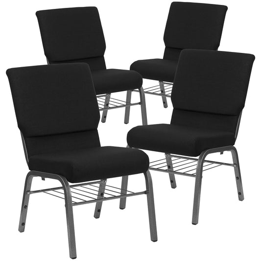 4 Pk. HERCULES Series 18.5''W Black Fabric Church Chair with 4.25'' Thick Seat, Book Rack - Silver Vein Frame