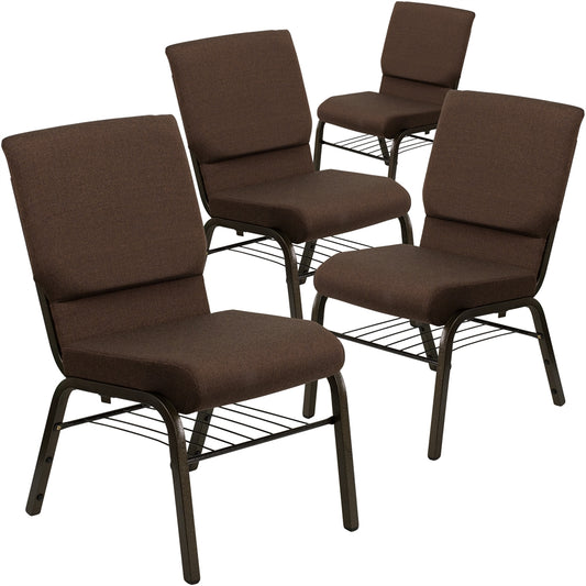 4 Pk. HERCULES Series 18.5''W Brown Fabric Church Chair with 4.25'' Thick Seat, Book Rack - Gold Vein Frame