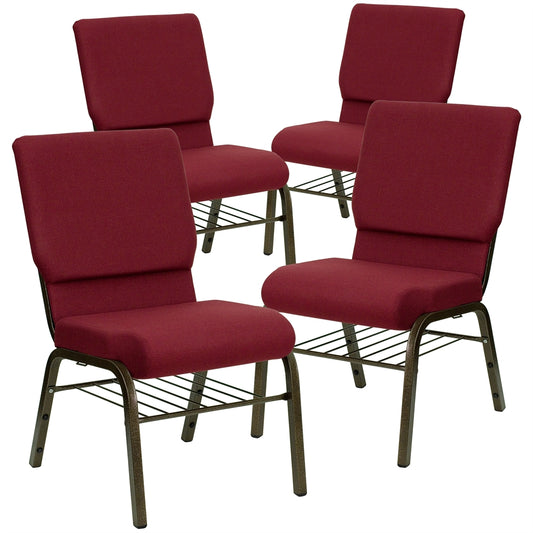 4 Pk. HERCULES Series 18.5''W Burgundy Fabric Church Chair with 4.25'' Thick Seat, Book Rack - Gold Vein Frame