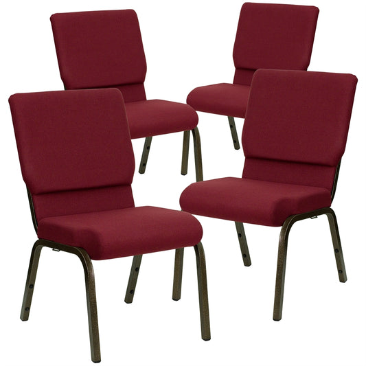 4 Pk. HERCULES Series 18.5''W Burgundy Fabric Stacking Church Chair with 4.25'' Thick Seat - Gold Vein Frame