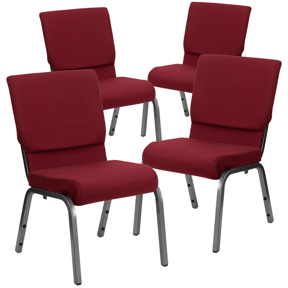 4 Pk. HERCULES Series 18.5''W Burgundy Fabric Stacking Church Chair with 4.25'' Thick Seat - Silver Vein Frame