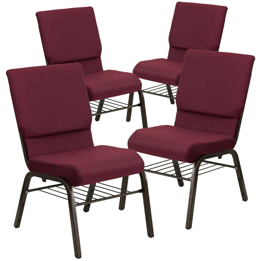 4 Pk. HERCULES Series 18.5''W Burgundy Patterned Fabric Church Chair with 4.25'' Thick Seat, Book Rack - Gold Vein Frame